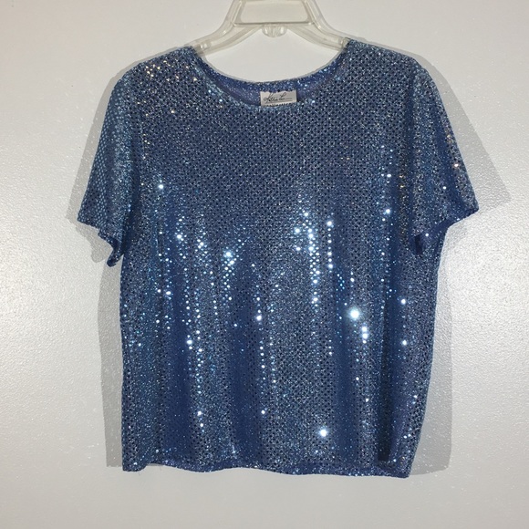 Kathie Lee Collection Tops - Kathie Lee Blue Sequin Modest Crop Top - L